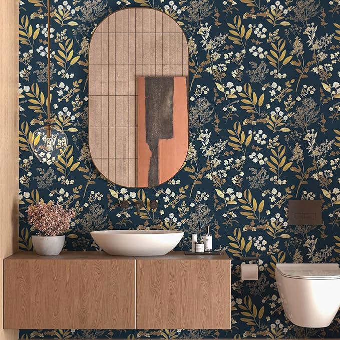 Laatse Dark Blue Leaf Wallpaper Peel and Stick Dark Floral Wallpaper for Bedroom Vintage Leaf Contact Paper Waterproof Self Adhesive Boho Floral Wall Paper for Bedroom Walls Countertop 17.5in x 393in