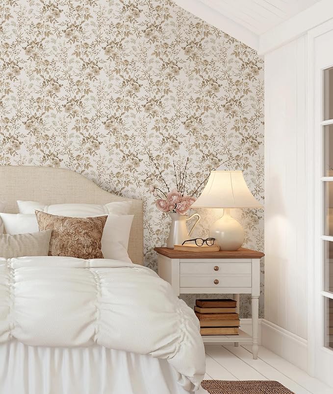 Erfoni 16.9" x197" Beige Floral Peel and Stick Wallpaper Boho Floral Leaf Contact Paper Boho Self Adhesive Wall Paper Flower DIY Removable Decoration Wallpaper for Livingroom Accent Wall Covering