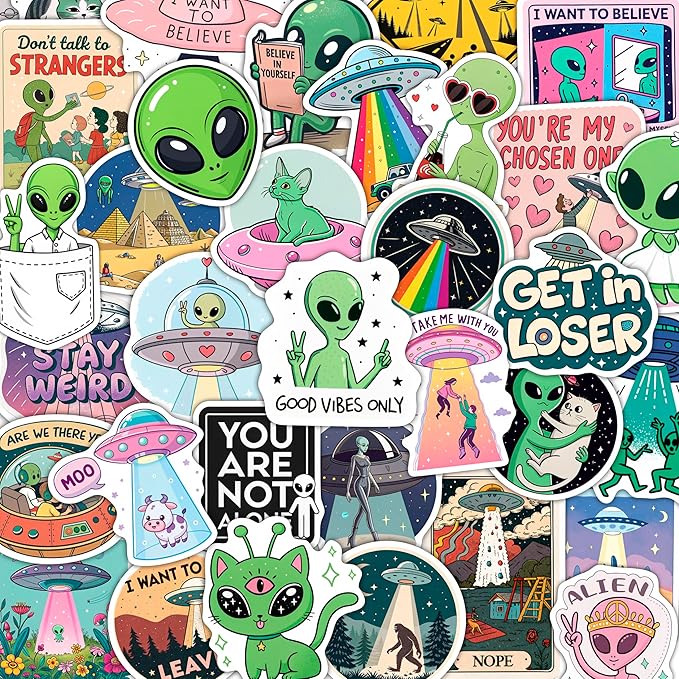 100Pcs UFO Stickers for Water Bottle, Laptop – Alien Stickers and Decals – UFO Gifts - Alien Party Supplies & Decorations - Gifts for Men & Women