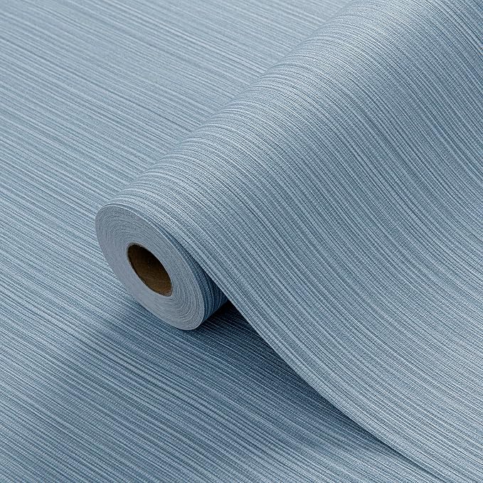 Blue Grey Faux Grasscloth Wallpaper Peel and Stick Linen Textured 24"x394" Upgraded Thick Self-Adhesive Waterproof Neutral Decorative Contact Paper Vinyl Film Roll for Wall Bedroom Kitchen