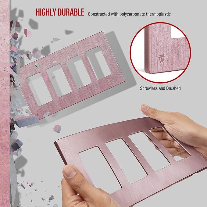 ENERLITES Elite Series Screwless Decorator Wall Plate Child Safe Outlet Cover, Gloss Finish, Size 4-Gang 4.68" H x 8.30" L, Unbreakable Polycarbonate Thermoplastic, SI8834-BRG, Brushed Rose Gold