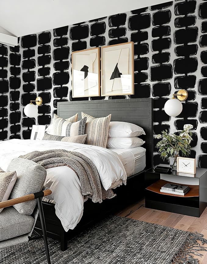 Safiyya 17.3"x393" Peel and Stick Wallpaper Black and White Contact Paper Mid Century Modern Abstract Geometric Wall Paper Self Adhesive Removable Wallpaper for Bathroom and Bedroom Vinyl
