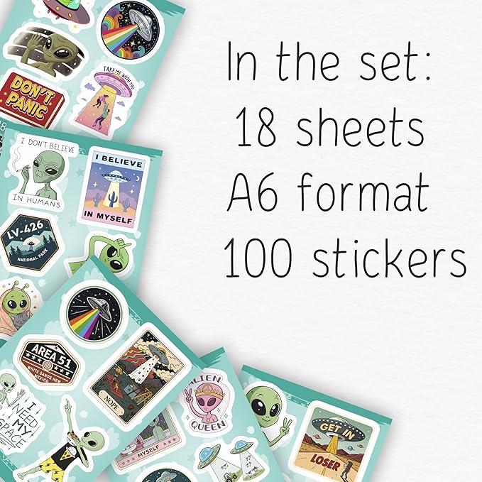 100Pcs UFO Stickers for Water Bottle, Laptop – Alien Stickers and Decals – UFO Gifts - Alien Party Supplies & Decorations - Gifts for Men & Women