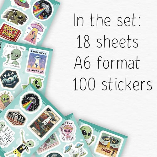 100Pcs UFO Stickers for Water Bottle, Laptop – Alien Stickers and Decals – UFO Gifts - Alien Party Supplies & Decorations - Gifts for Men & Women