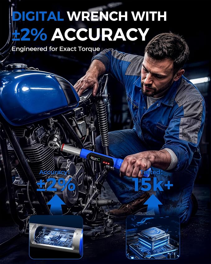 Digital Torque Wrench 3/8 Drive For Motorcycle Engine Spark Plug | 5.02-99.57 Ft-Lb (6.8-135 N.m)，±2% Accuracy，Peak & Track，LED & Buzzer Alert，Electronic Display，for Mechanic Auto Moto Bike