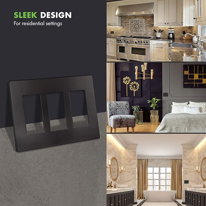 ENERLITES Elite Series Screwless Decorator Wall Plate Child Safe Outlet Cover, Size 3-Gang 4.68" H x 6.53" L, Unbreakable Polycarbonate Thermoplastic, SI8833-DB, Glossy, Dark Bronze