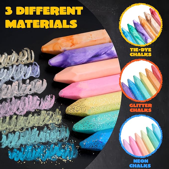 JOYIN 18 PCS Washable Sidewalk Chalk, 3 Packs Total, 3 Styles (Tie-Dye, Glitter & Neon), Outdoor Chalks for Painting, Drawing, Easter Basket Stuffers