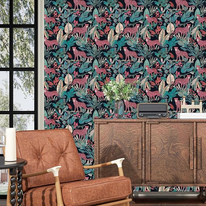 Pink Vintage Leopard Peel and Stick Wallpaper 17.5" x 118" | Waterproof Vinyl Self Adhesive Removable Renter Friendly Floral Contact Paper