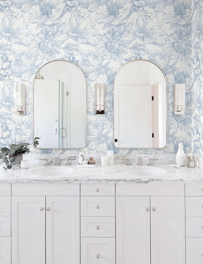 78.7"x17.3"Peel and Stick Blue Vintage Floral Line Wallpaper for Living Room