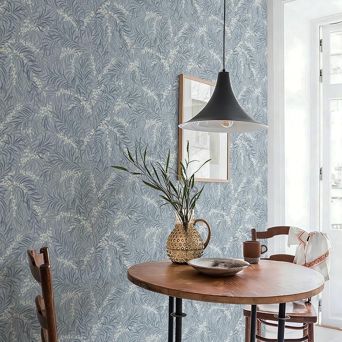 Ismoon Vintage Wallpaper Peel and Stick Dusty Blue Botanical Wallpaper 17.3in x32.8ft Leaf Removable Waterproof Blue/White Contact Paper for Bedroom Kitchen Renter Friendly Wall Decor Vinyl