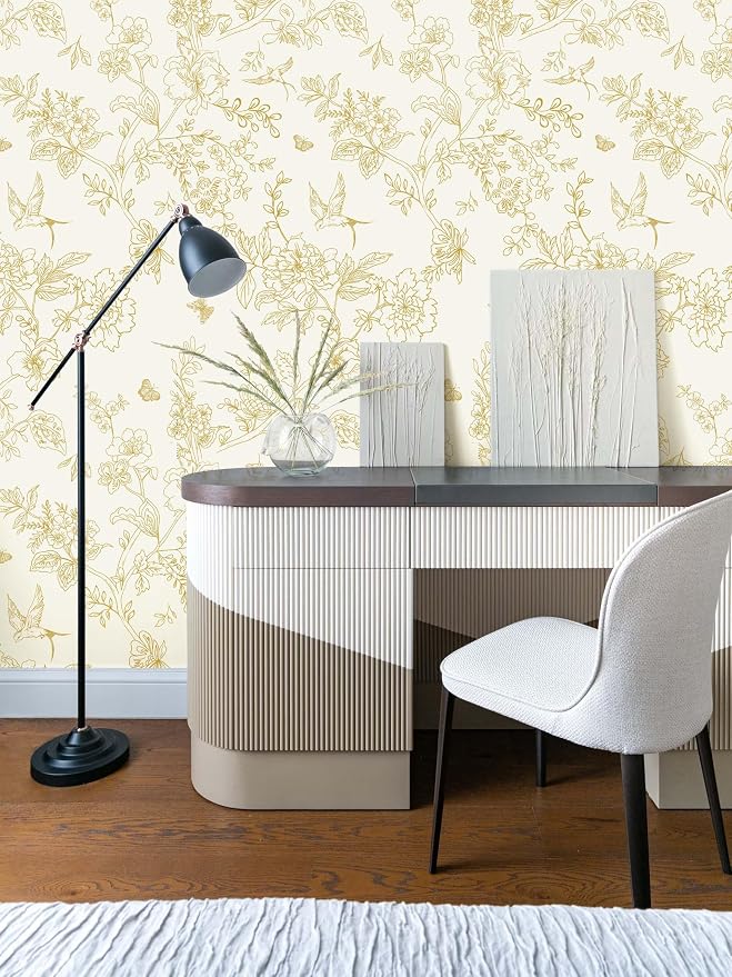 Froluya Cream White and Gold Floral Wallpaper Peel and Stick Wallpaper 17.7"x196.8" Vintage Floral Removable Self Adhesive Wall Paper for Bedroom Boho Contact Paper Peel and Stick Decorative Cabinets