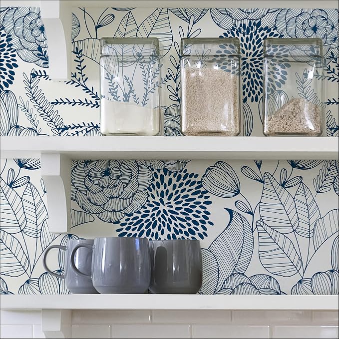 NuWallpaper by WallPops NUS3830 Navy Secret Garden Peel & Stick Wallpaper, Blue
