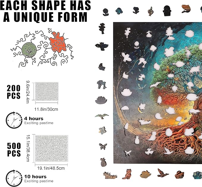 Mys Aurora Tree of Life Wooden Jigsaw Puzzles | Unique 200 Pcs Medium Size 9.6'' x 11.8'' Luxurious Shaped Wood Puzzle, Beautiful Package