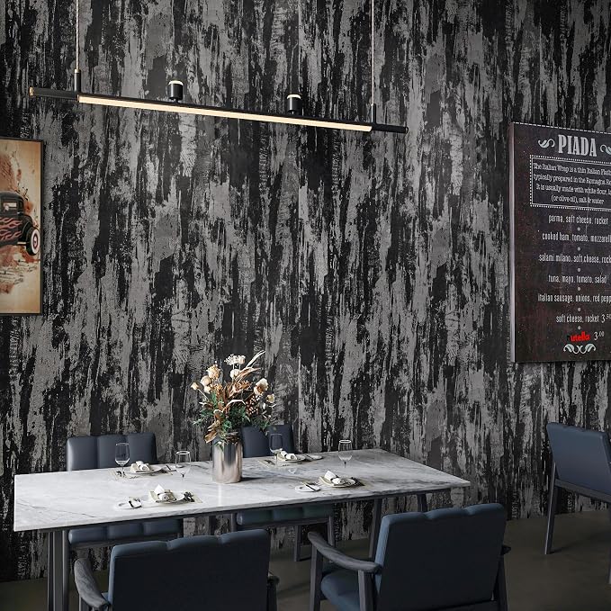 BOMENG Black Concrete Peel and Stick Industrial Wallpaper 15.7"x118" Cement Contact Paper with Air Guide Slot Design Glossy Industrial Wall Paper for Bathroom,Living Room, bar, Hotel, Coffee Shop