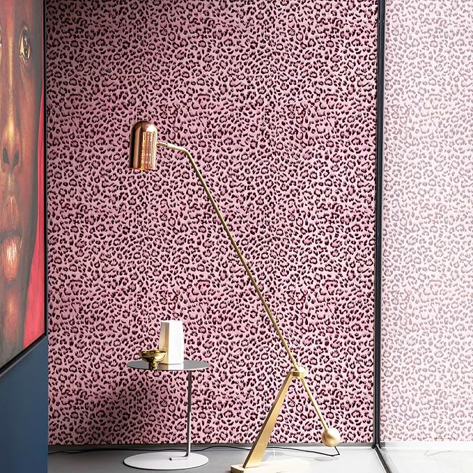 Leopard Print Peel and Stick Wallpaper, Waterproof Removable Self Adhesive Textured Wall Paper, Black and Pink Unique Funky Cheetah Contact Paper for Bedroom and Bathroom 480"X17.3"(57.6 sq. ft)