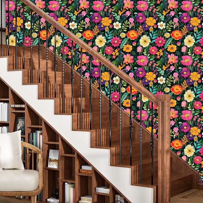 BOKEBEVE Floral Wallpaper Peel and Stick Boho Green Colorful 17.5 x 787In | Super Long Removable Renter Friendly Funky Watercolor Wall Paper for Bedroom Bathroom Living Room Feature Accent Walls