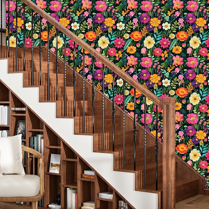 BOKEBEVE Floral Wallpaper Peel and Stick Boho Green Colorful 17.5 x 196.5In | Removable Self Adhesive Renter Friendly Vintage Flower Wall Paper for Bedroom Bathroom Living Room Feature Accent Wall