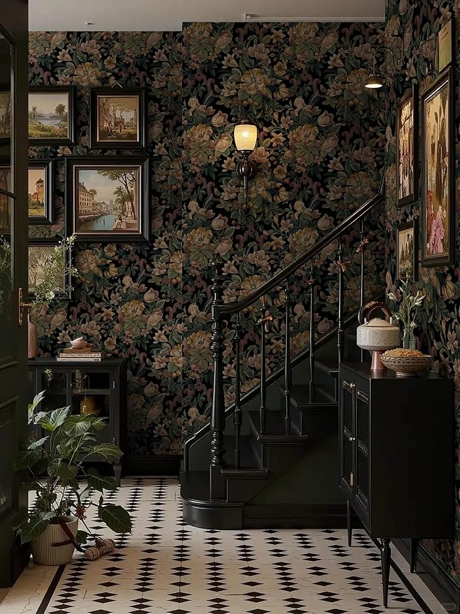 Dimoon Vintage Wallpaper Peel and Stick Archival Dark Green Floral Wallpaper 17.3"x197"Flower Leaf Retro Contact Paper for Bedroom Thicken Waterproof Self Adhesive Wall Paper Removable Vinyl Roll