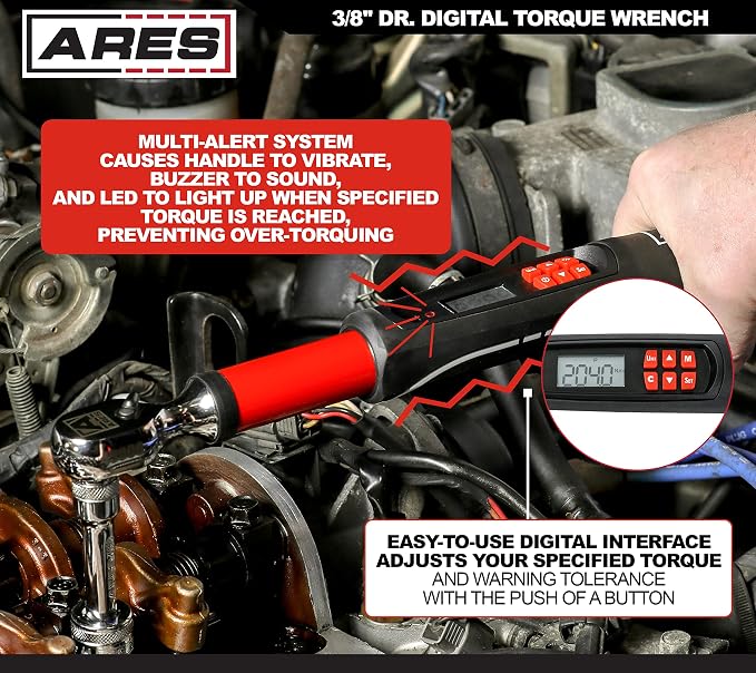 ARES 43000 3/8-Inch Drive Electronic Digital Torque Wrench | 7.4-99.6 ft/lbs (10-135Nm); Reversible Sealed Head; Multi-Alert System Prevents Over-Torquing