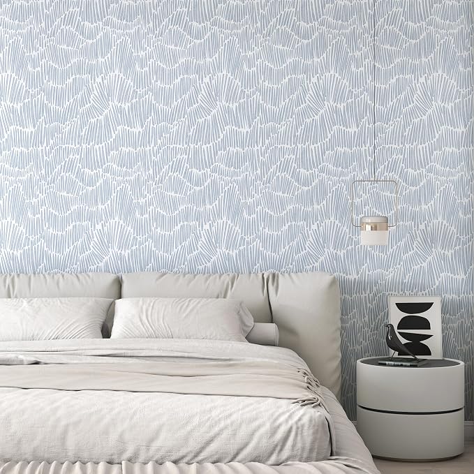 Theper Blue Wallpaper Peel and Stick Modern 17.3"×197" Boho Striped Wall Paper Self Adhesive Removable Wallpaper for Bedroom Waterproof White and Blue Contact Paper Vinyl Roll