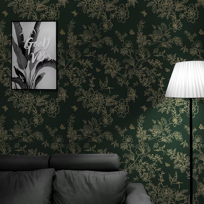 Froluya Green and Gold Peel and Stick Wallpaper for Bathroom 17.7in×590.5in | Dark Green Floral Wallpaper Vintage Contact Paper Peel and Stick Flowers Birds Removable Self Adhesive Cabinets Wall Paper