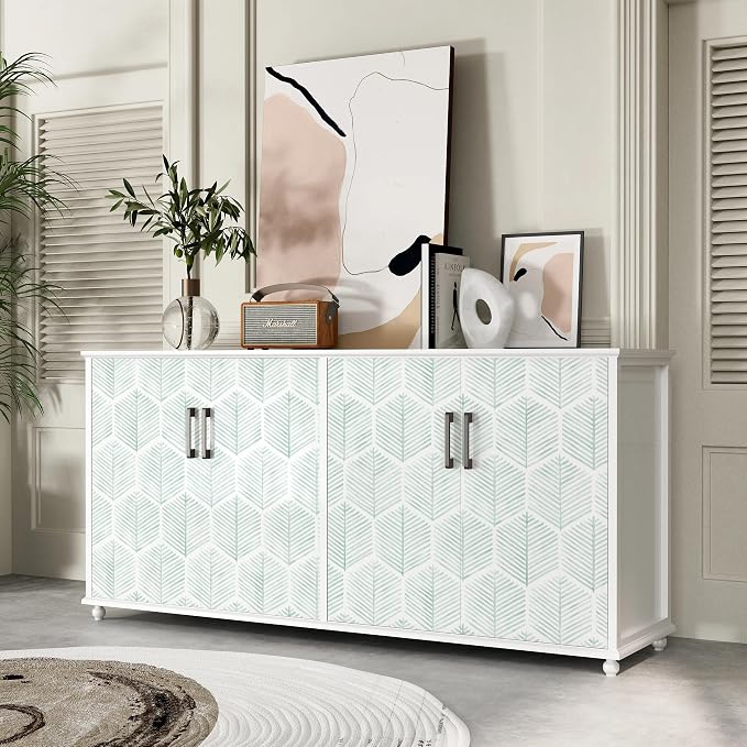 MelunMer Geometric Peel and Stick Wallpaper Boho Green White 17.3''×591'' | Modern Self Adhesive Removable Wallpaper for Bedroom/Bathroom Waterproof, Contact Paper for Cabinets, Drawers Easy to Install