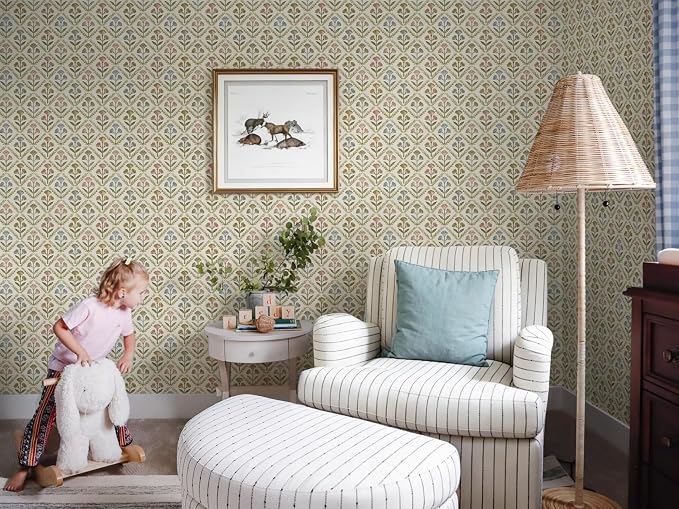 Dimoon Vintage Peel and Stick Wallpaper Retro Botanical Contact Paper Farmhouse Wallpaper Cottage Renter Friendly Removable Geometric Wall Paper for Bathroom Kitchen Textured Vinyl 17.3''x78.7''
