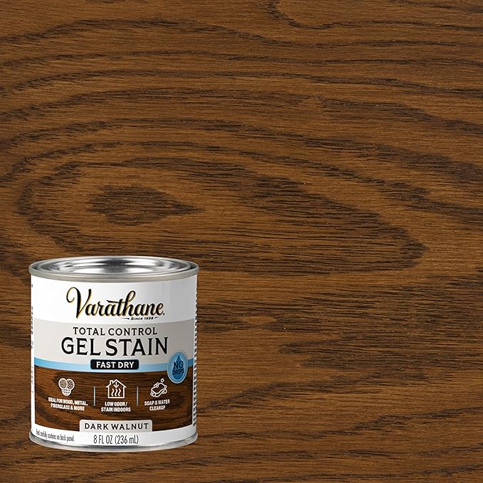 Varathane Total Control Gel Stain | Low Odor Water-Based Formula | Thick Gel Formula for Vertical Surfaces | Ideal for Wood, Metal & Fiberglass | Half Pint | Dark Walnut