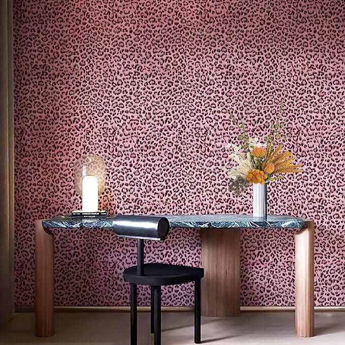 Leopard Print Peel and Stick Wallpaper, Waterproof Removable Self Adhesive Textured Wall Paper, Black and Pink Unique Funky Cheetah Contact Paper for Bedroom and Bathroom 480"X17.3"(57.6 sq. ft)