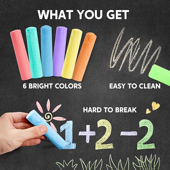 JOYIN 24 PCS Washable Sidewalk Chalks Set Non-Toxic Jumbo Chalk for Schools, Outdoor Art Play, Paint on Chalkboard, Blackboard and Playground (6 Colors)