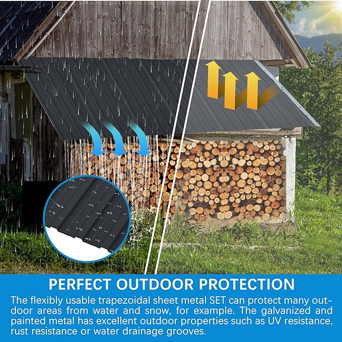25 pcs Metal Roofing Panels 5ft Galvanized Steel Corrugated Roof Panels Gazebo Top Cover Garages,Sheds, Stables and Mobile Homes Replacement for Patio Outdoor Garden, Black 176.5 ft²
