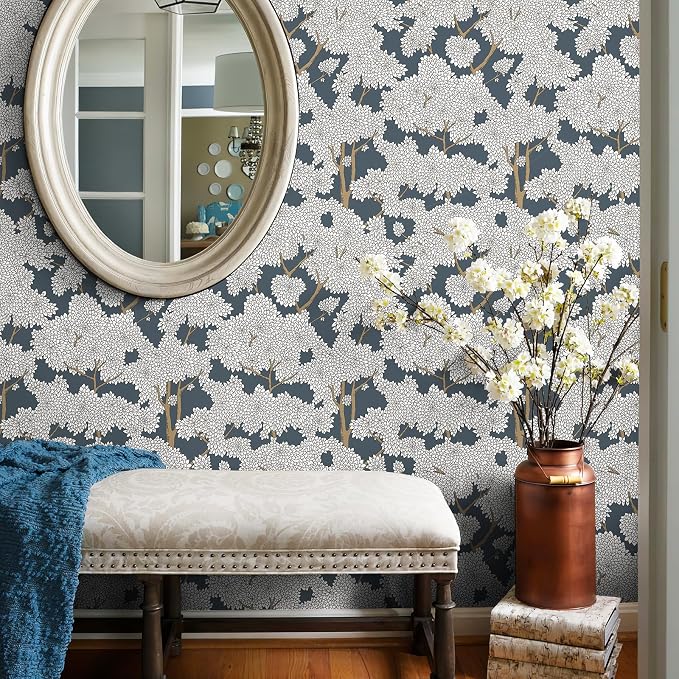 JiffDiff Tree Wallpaper Peel and Stick Jungle Wall Paper Forest Mural Stick on Wallpaper Modern Waterproof Self Adhesive Contact Paper(17.3" x 1200" Blue)