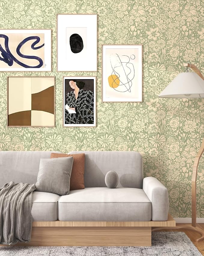 Floral Wallpaper Peel and Stick Wallpaper Boho 17.3''×197'' Self Adhesive Wall Paper Green and Beige Contact Paper Removable Modern Wallpapers Decorative for Bedroom Bathroom Cabinets Decor Vinyl