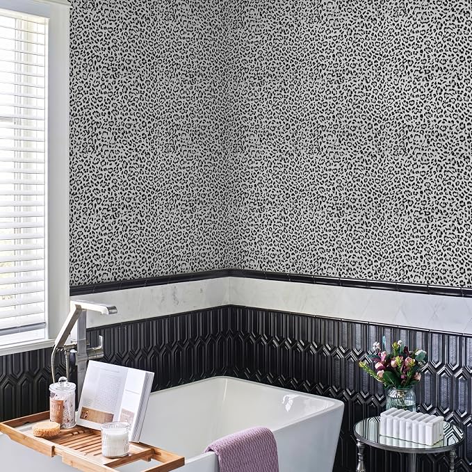 Leopard Print Peel and Stick Wallpaper, Waterproof Removable Self Adhesive Textured Wall Paper, Black and White Unique Funky Cheetah Contact Paper for Bedroom and Bathroom 120"X17.3"(14.4 sq. ft)