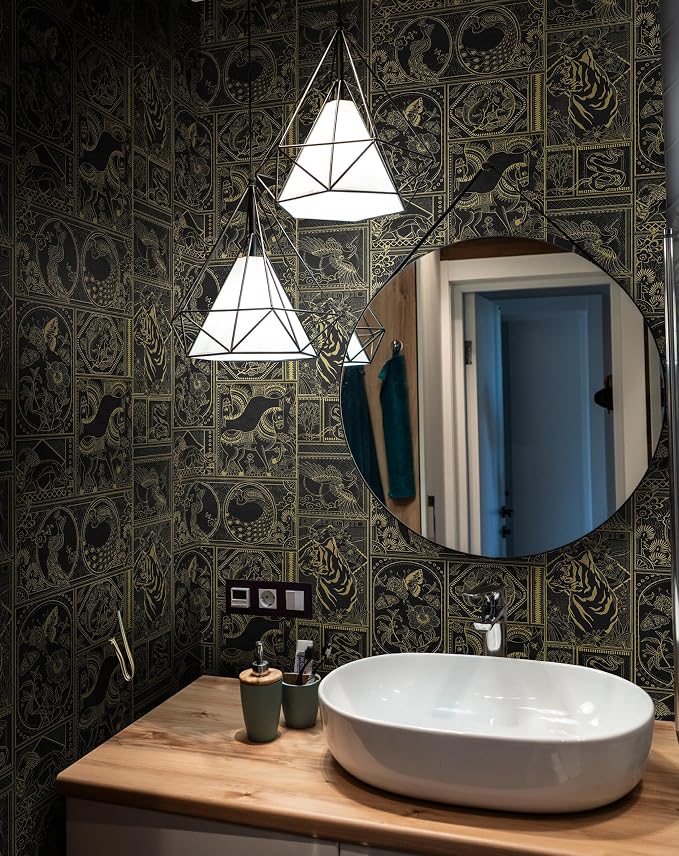 Erfoni 197"x17.7" Black and Gold Wallpaper Vintage Self Adhesive Peel and Stick Wallpaper Retro Animail Pattern Contact Paper DIY Stick and Peel Removable Wall Paper Decoration Bedroom Wall Vinyl Roll