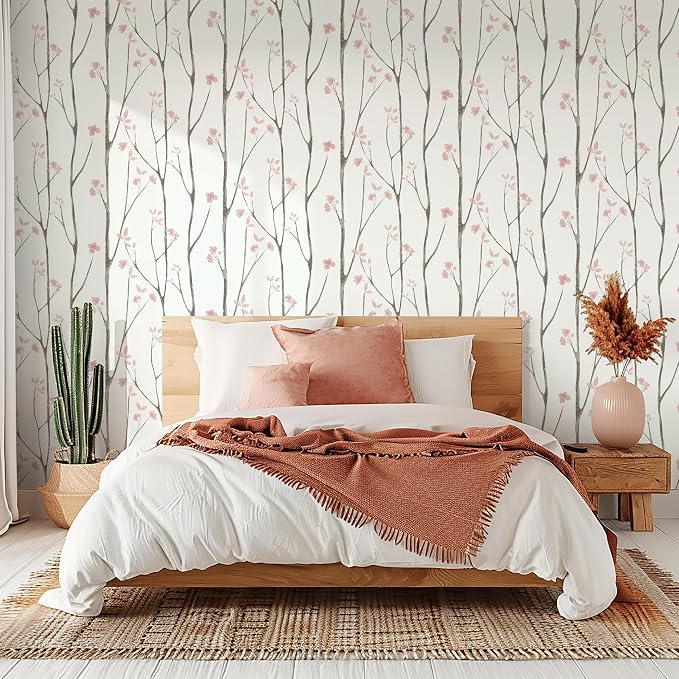 Timeet Floral Wallpaper White and Pink Wall Paper Peel and Stick Modern Contact Paper Removable Self-Adhesive Bedroom Bathroom 16" x 78.7"