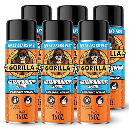 Gorilla Waterproofing Spray, Rubberized Sealant, Black, 16 Ounce (Pack of 6) - Seals Out Water, Air, and Moisture