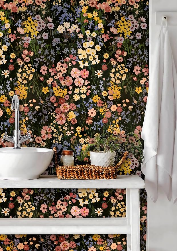 Vintage Floral Peel and Stick Wallpaper for Bedroom,Cabinets 17.3" x 118" | Textured Vinyl Contact Paper Self Adhesive Removable Waterproof Black/Green/Pink Stick on Wall paper for Kitchen Bathroom