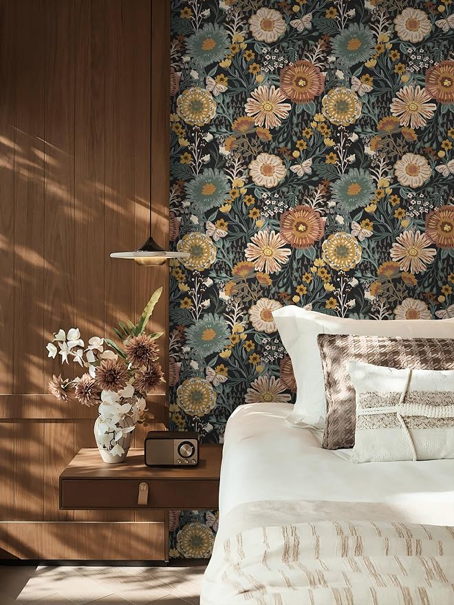 Dimoon Boho Retro Wallpaper Peel and Stick Wallpaper Vintage Floral Contact Paper 17.3''x393'' Dark Black Bohemian Removable Wall Paper Renter Friendly Waterproof Wall Mural Bedroom Bathroom Vinyl