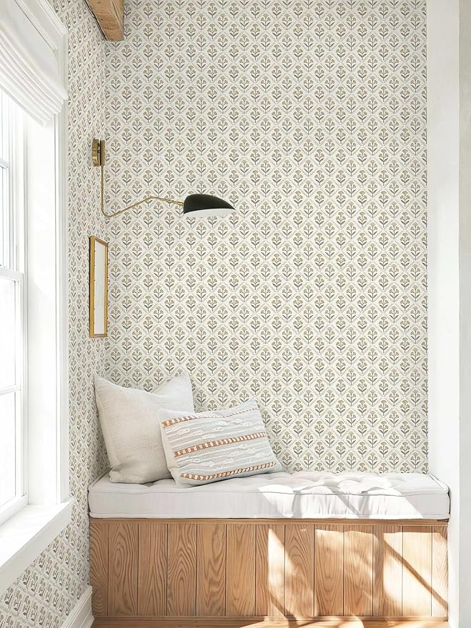 Dimoon 17.3''x393'' Peel and Stick Wallpaper Floral Beige Boho Neutral Cute Contact Paper Vintage Village Country Cottage Wallpaper Farmhouse Renter Friendly Geometry Waterproof Kitchen Bedroom