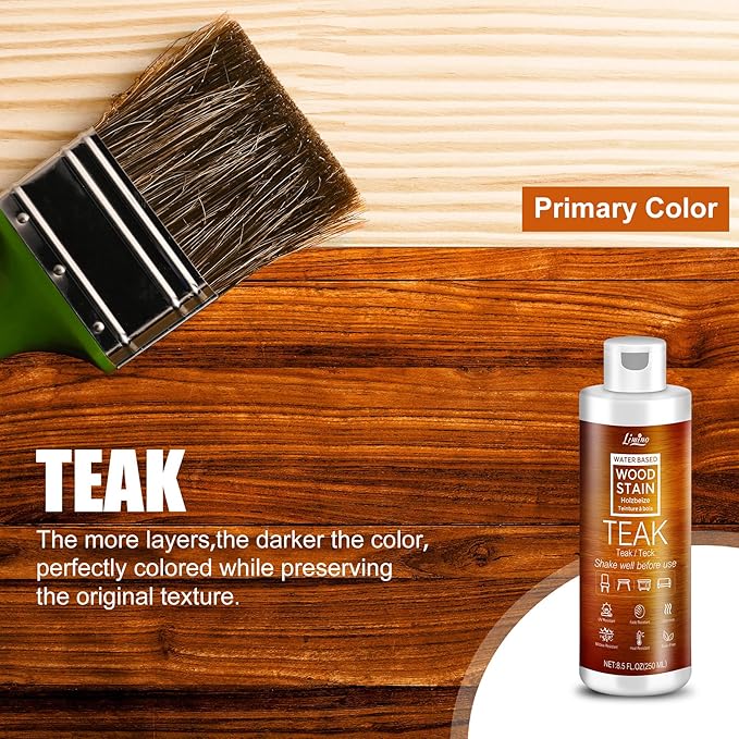 Water Based Wood Stain - Teak | Wood Varnish for Indoor ＆ Outdoor Furniture, Wardrobe, Cabinets, Doors, Low Odor ＆ Non-Toxic, Fast Drying, Multiple Classical Finishes - 8.5fl.oz / 250ml