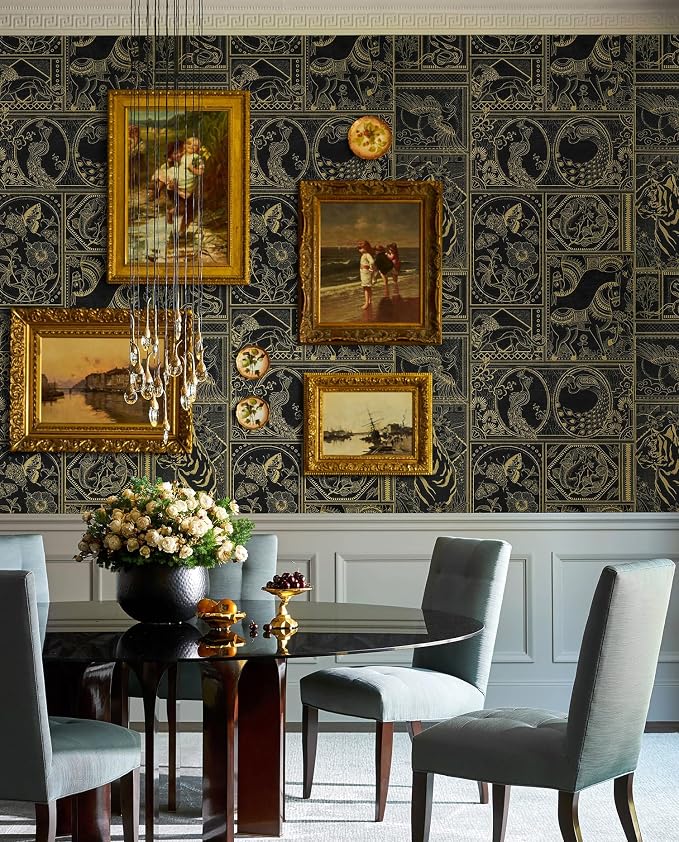 Erfoni 394"x17.7" Vintage Peel and Stick Wallpaper Black and Gold Contact Paper Peel and Stick Removable Animal Pattern Wall Paper DIY Waterproof Self Adhesive Wallpaper for Accent Wall Covering