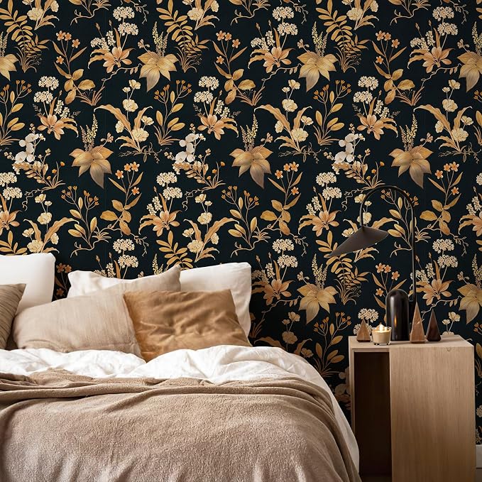 Simon&Siff Vintage Floral Peel and Stick Wallpaper 17.3" x 480" | Black Gold Botanical Contact Paper, Removable Wall Paper, Renter Friendly, for Cabinets, Furniture, DIY Decor