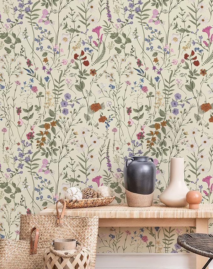 JiffDiff Floral Wallpaper Peel and Stick - Farm Floral Wall Paper Wildwood Self Adhesive Contact Paper for Home Bedroom Cabinets and Kitchen Countertop ThickenStick on Wallpaper 17.3"x118"