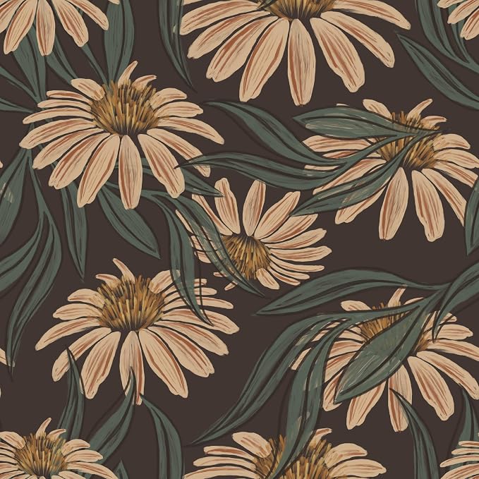 HAOKHOME Vintage Peel and Stick Wallpaper Floral Brown/PeachPuff/Green Daisy Wall Decor Home Bathroom Boho Decor 17.3in x 9.8ft