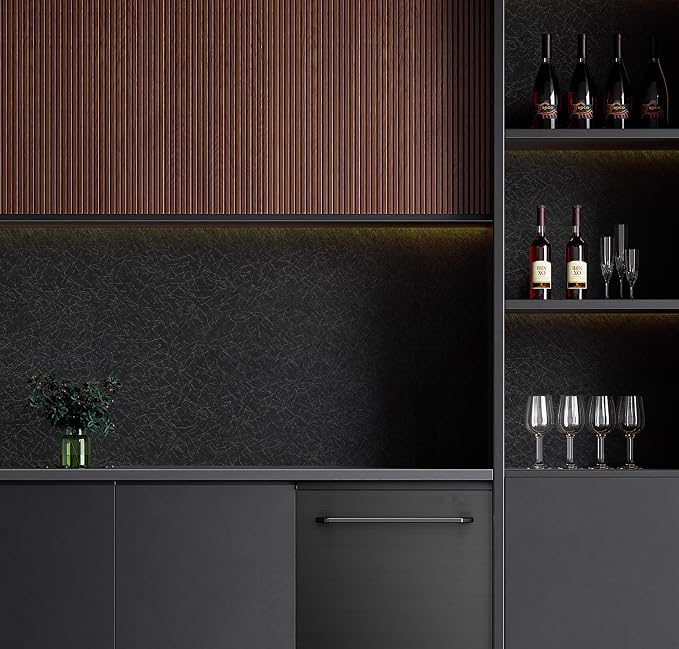 Safiyya 17.3" X 118" Peel and Stick Wallpaper Black Silk Contact Paper Textured Wall Paper Peel and Stick Modern Solid Color Wallpaper for Bathroom Vinyl Rolls