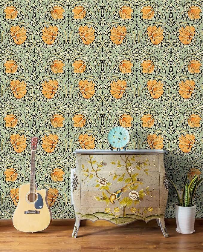 HAOKHOME Vintage Floral Wallpaper Peel and Stick Botanical Green/Yellow/Black Wall Murals Home Kitchen Bedroom Decor by William Morris 17.3in x 9.8ft