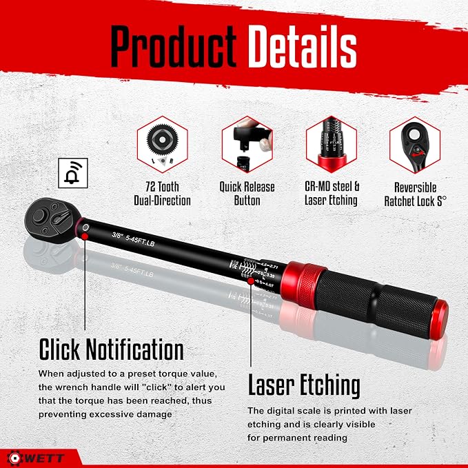WETT 11Pcs Torque Wrench Set, 1/4'' & 3/8'' & 1/2'' Drive Click Torque Wrench, with Extension Bars & Adapters, Dual-Direction Adjustable Reversible 72-Tooth Ratchet Handle