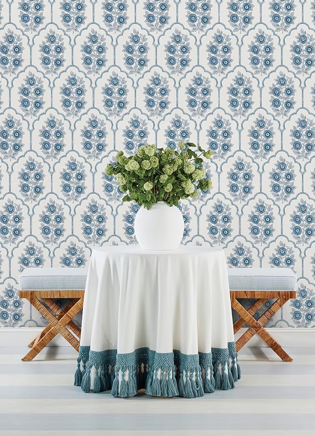 NuWallpaper x Society Social Floral Bazaar Delft Blue Peel and Stick Wallpaper, SSS6315