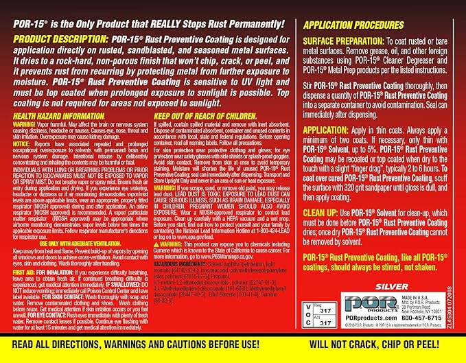POR-15 Rust Preventive Coating, Stop Rust and Corrosion Permanently, Anti-rust, Non-porous Protective Barrier, 32 Fluid Ounces, Silver